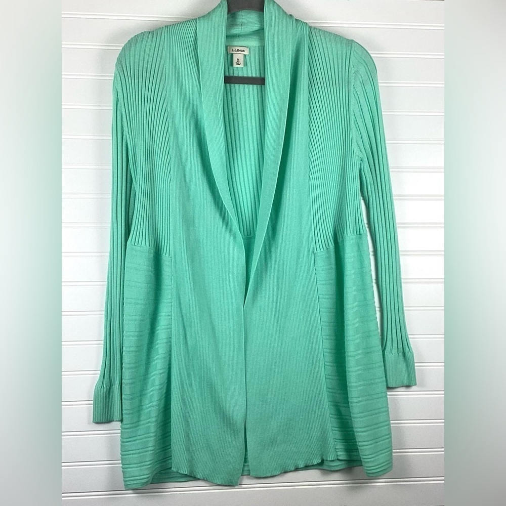 LL Bean Women's Medium Light Teal Open Front Cardigan Sweater Cotton Knit Warm